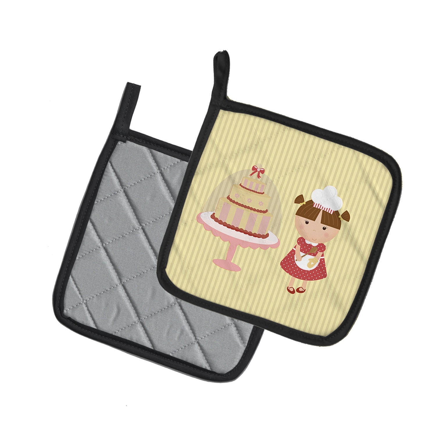 Cake Baker Brunette Yellow Pot Holder Set of 2 Heat Resistant Quilted Hot Pads 7.5 x 7.5 Inch, Insulated Kitchen Trivets for Cooking & Baking