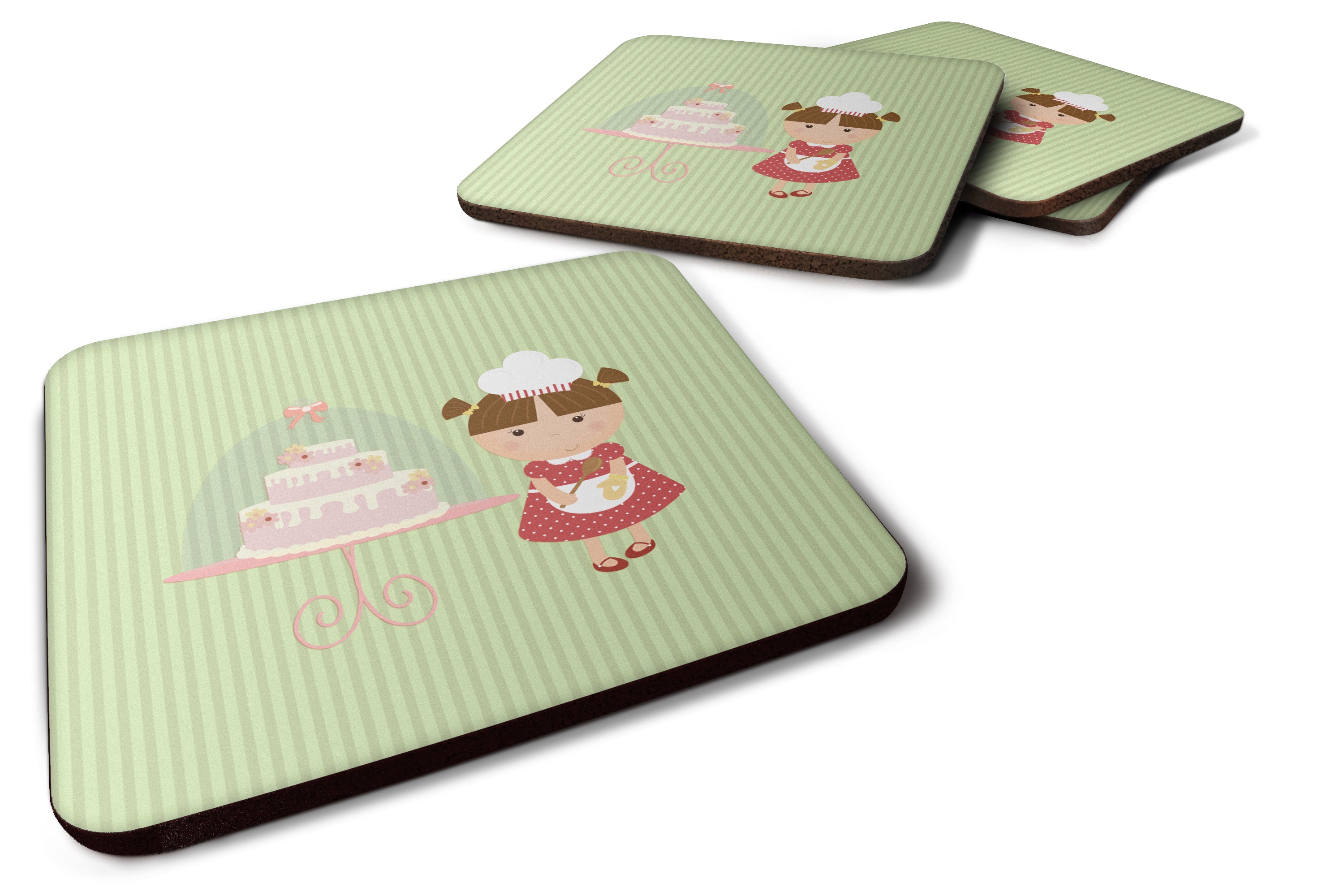 Cake Baker Brunette Green Foam Coasters Set of 4 Cup Coasters for Indoor Outdoor, Tabletop Protection, Anti Slip, Mouse pad Material