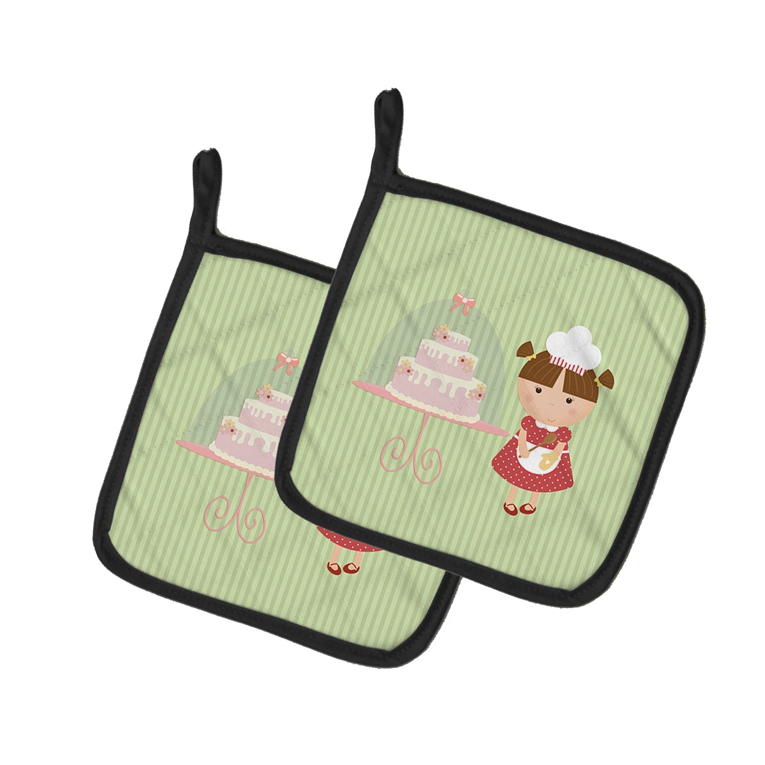 Cake Baker Brunette Green Pot Holder Set of 2 Heat Resistant Quilted Hot Pads 7.5 x 7.5 Inch, Insulated Kitchen Trivets for Cooking & Baking