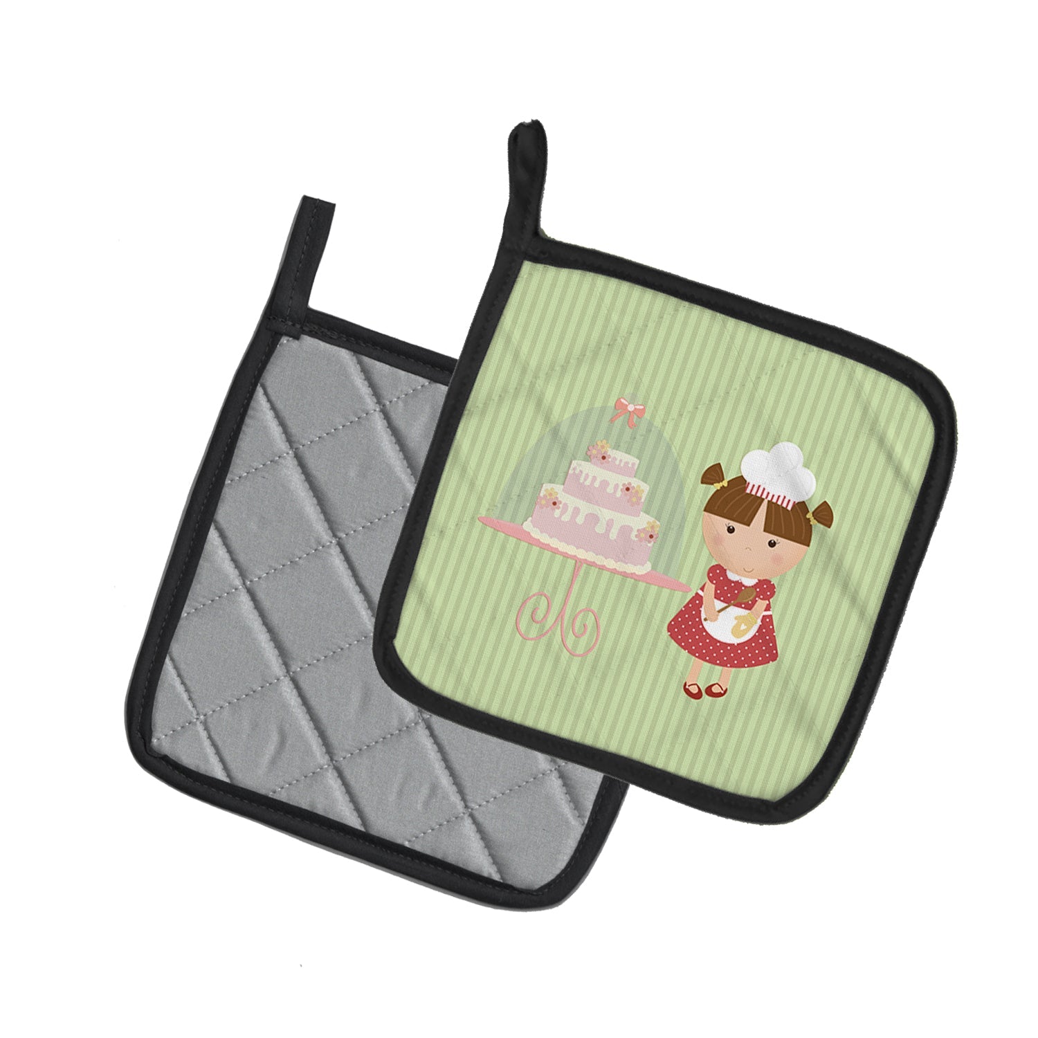 Cake Baker Brunette Green Pot Holder Set of 2 Heat Resistant Quilted Hot Pads 7.5 x 7.5 Inch, Insulated Kitchen Trivets for Cooking & Baking