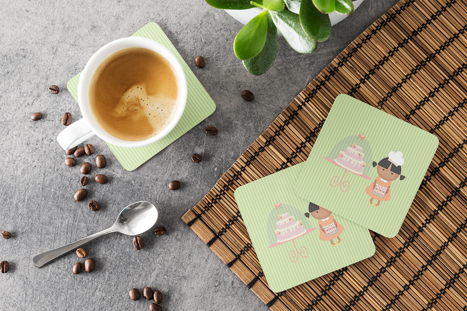 Cake Baker African American Green Foam Coasters Set of 4 Cup Coasters for Indoor Outdoor, Tabletop Protection, Anti Slip, Mouse pad Material