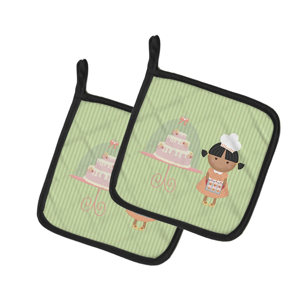 Cake Baker African American Green Pot Holder Set of 2 Heat Resistant Quilted Hot Pads 7.5 x 7.5 Inch, Insulated Kitchen Trivets for Cooking & Baking