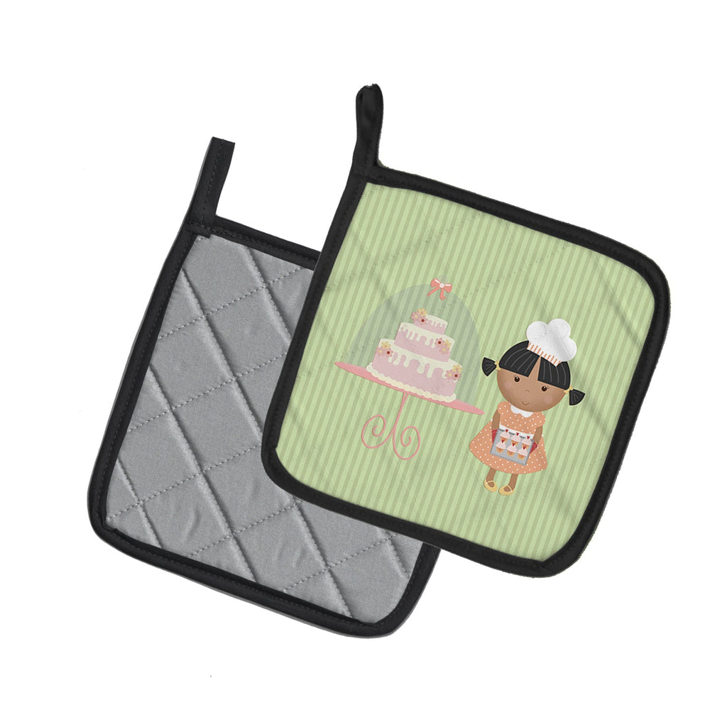 Cake Baker African American Green Pot Holder Set of 2 Heat Resistant Quilted Hot Pads 7.5 x 7.5 Inch, Insulated Kitchen Trivets for Cooking & Baking