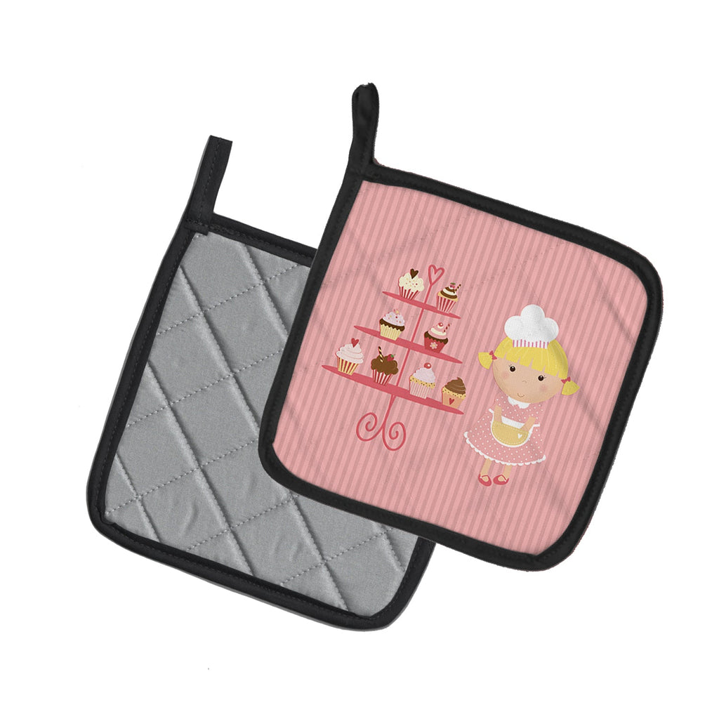 Cupcake Baker Blonde Pink Pot Holder Set of 2 Heat Resistant Quilted Hot Pads 7.5 x 7.5 Inch, Insulated Kitchen Trivets for Cooking & Baking
