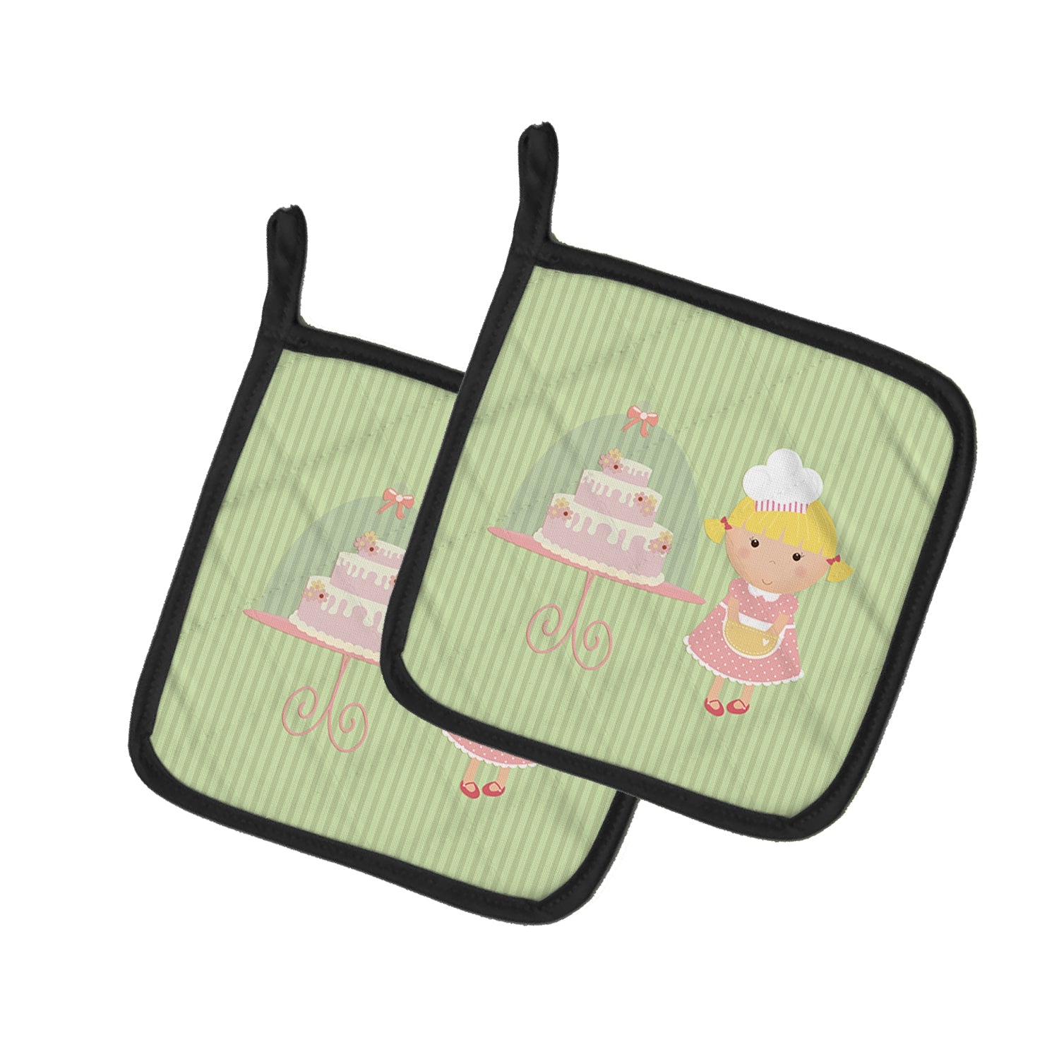 Cake Baker Blonde Green Pot Holder Set of 2 Heat Resistant Quilted Hot Pads 7.5 x 7.5 Inch, Insulated Kitchen Trivets for Cooking & Baking