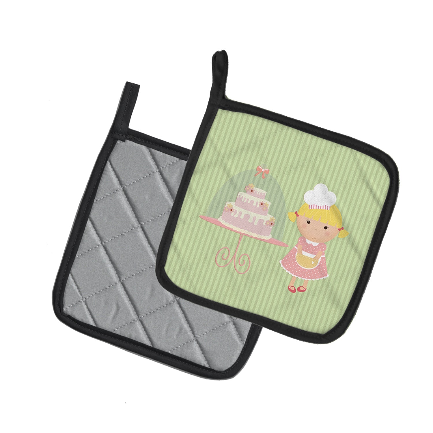 Cake Baker Blonde Green Pot Holder Set of 2 Heat Resistant Quilted Hot Pads 7.5 x 7.5 Inch, Insulated Kitchen Trivets for Cooking & Baking