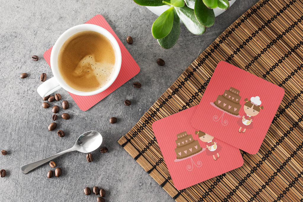 Valentine's Cake Baker Brunette Foam Coasters Set of 4 Cup Coasters for Indoor Outdoor, Tabletop Protection, Anti Slip, Mouse pad Material