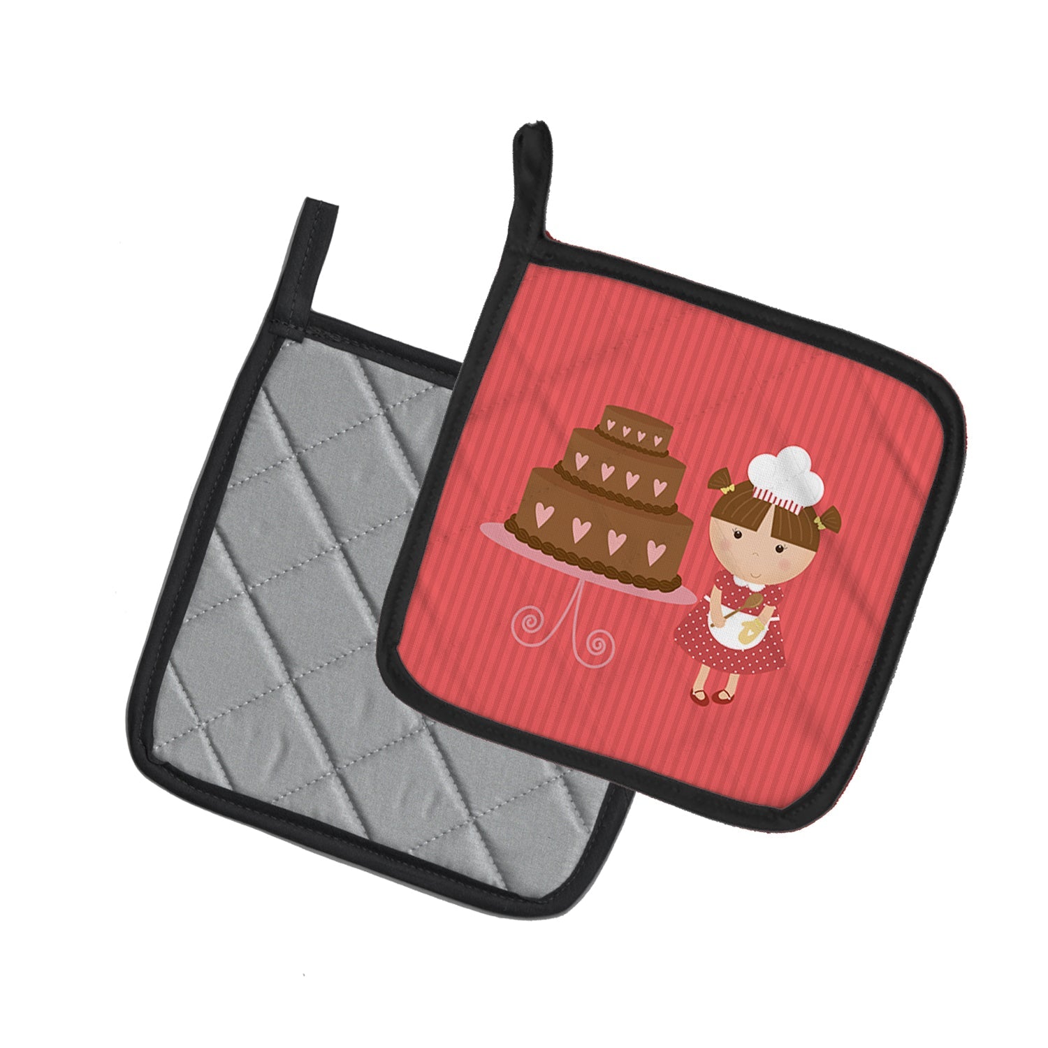 Valentine's Cake Baker Brunette Pot Holder Set of 2 Heat Resistant Quilted Hot Pads 7.5 x 7.5 Inch, Insulated Kitchen Trivets for Cooking & Baking