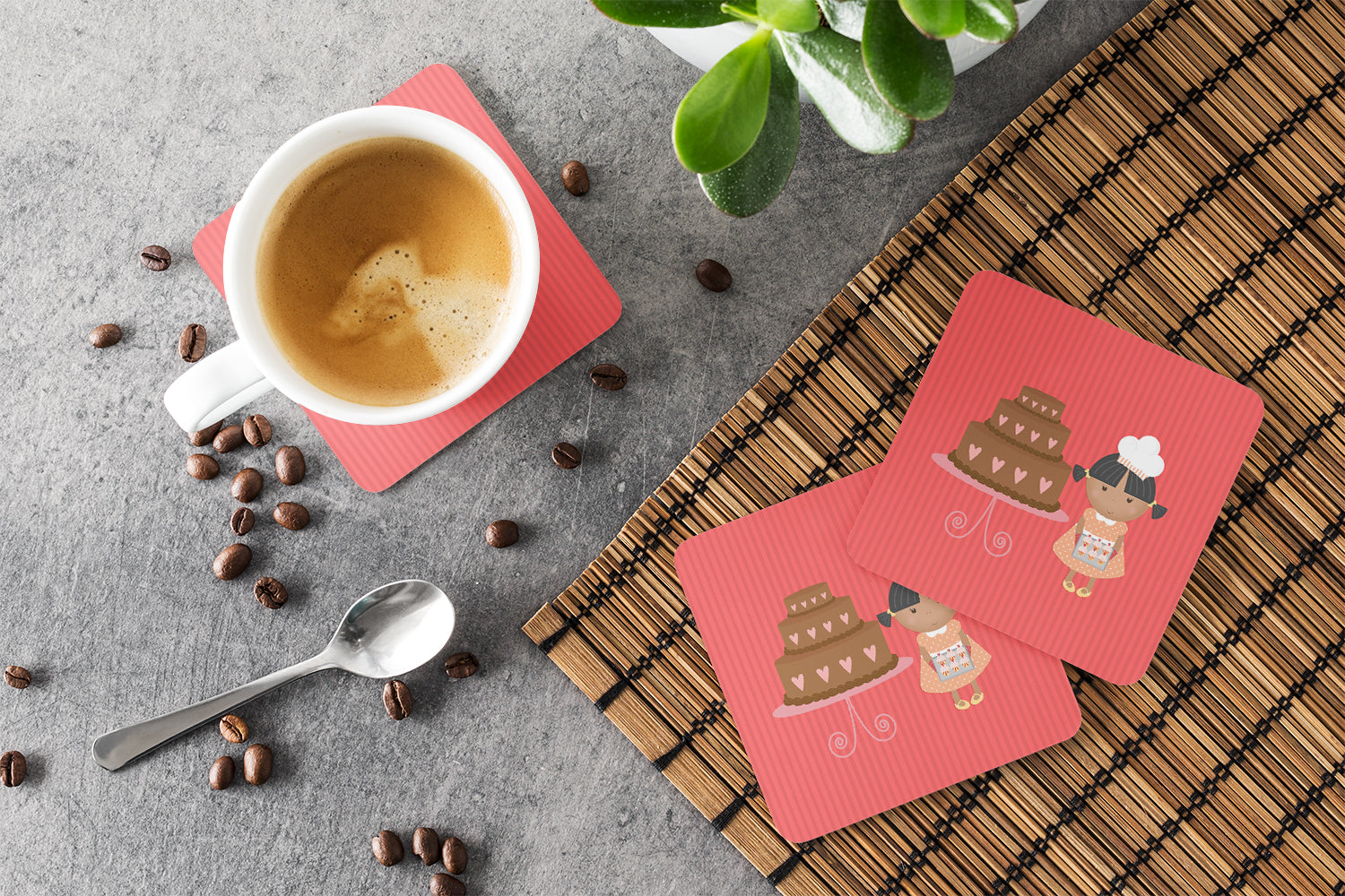 Valentine's Cake Baker African American Foam Coasters Set of 4 Cup Coasters for Indoor Outdoor, Tabletop Protection, Anti Slip, Mouse pad Material