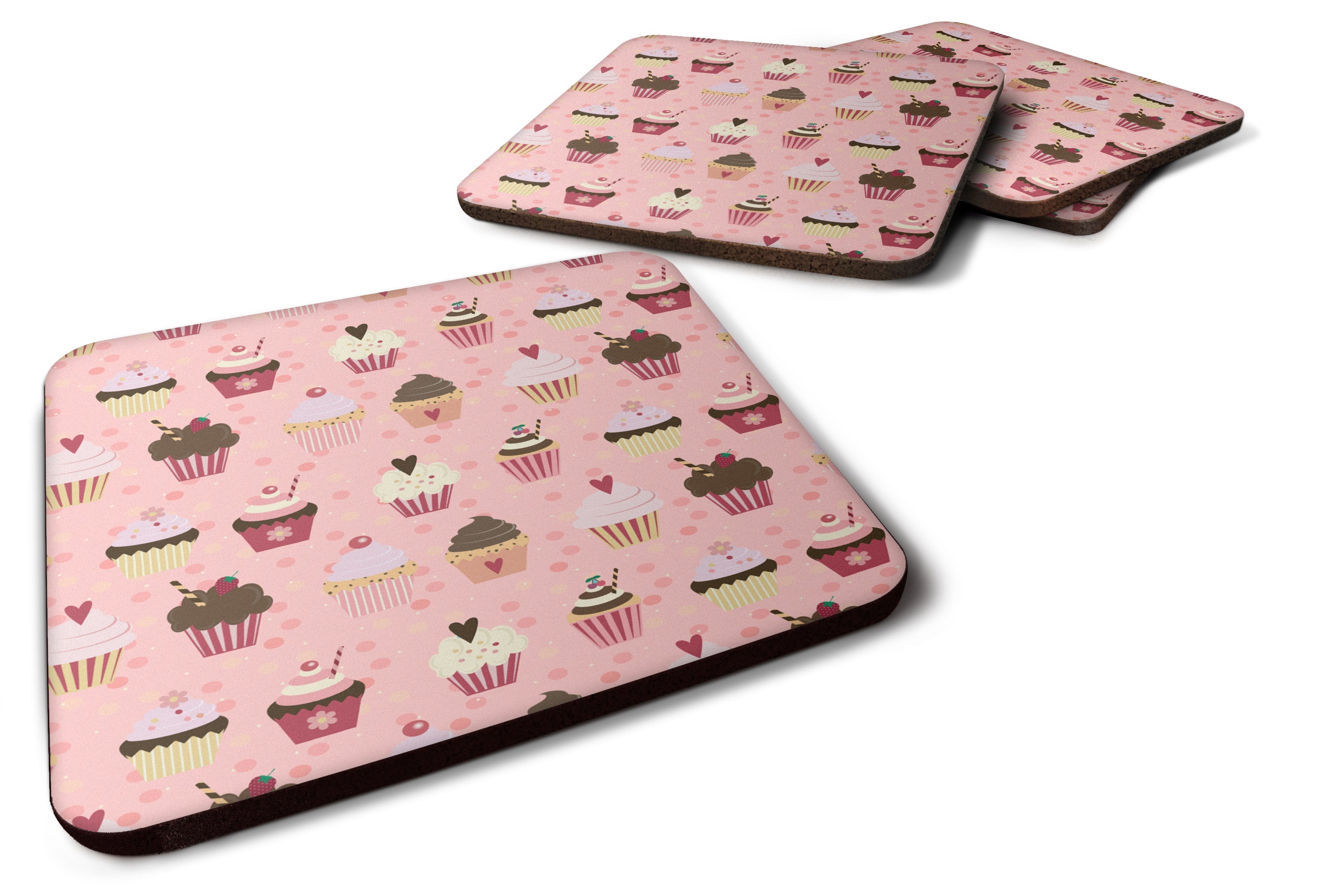 Cupcakes on Pink Foam Coasters Set of 4 Cup Coasters for Indoor Outdoor, Tabletop Protection, Anti Slip, Mouse pad Material