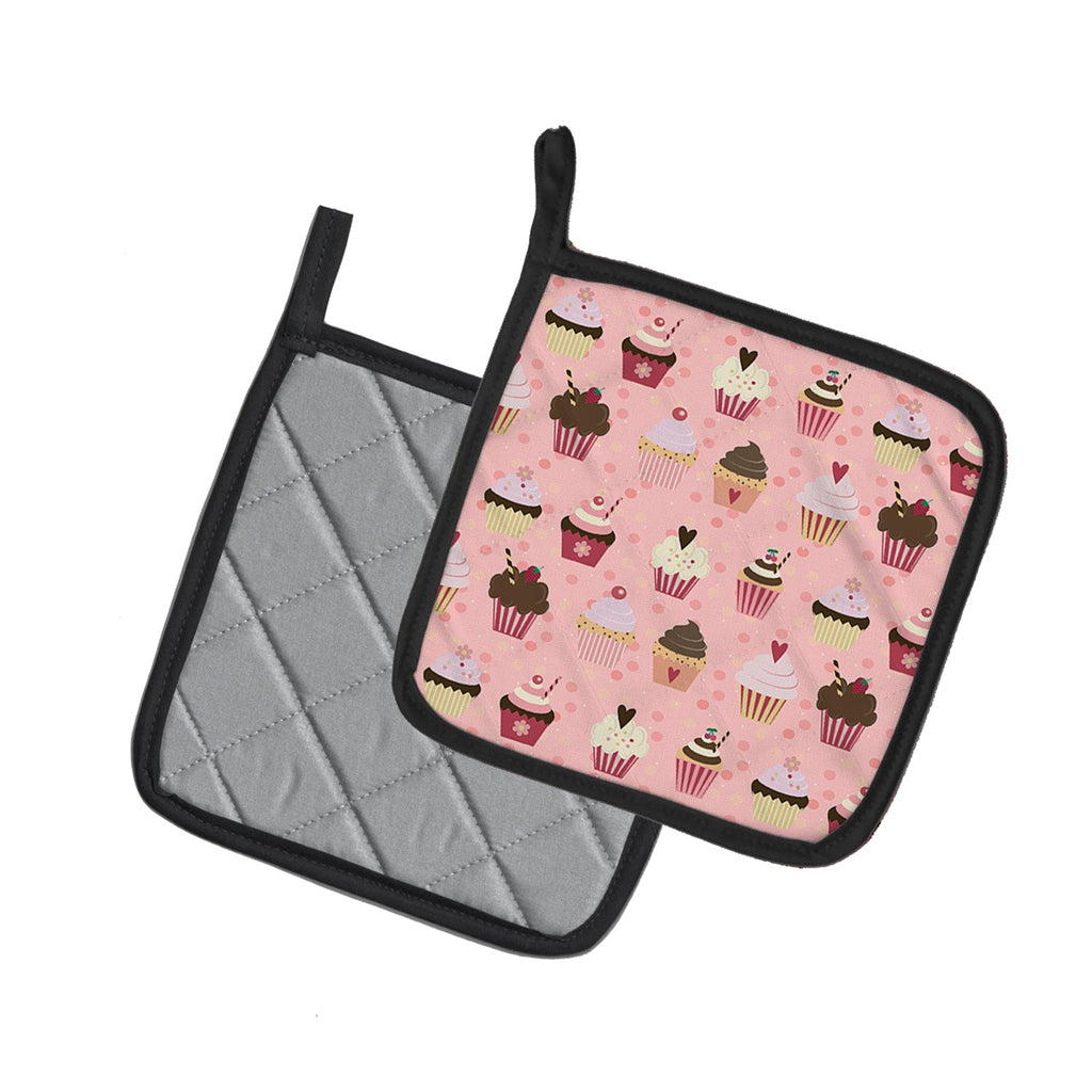 Cupcakes on Pink Pot Holder Set of 2 Heat Resistant Quilted Hot Pads 7.5 x 7.5 Inch, Insulated Kitchen Trivets for Cooking & Baking