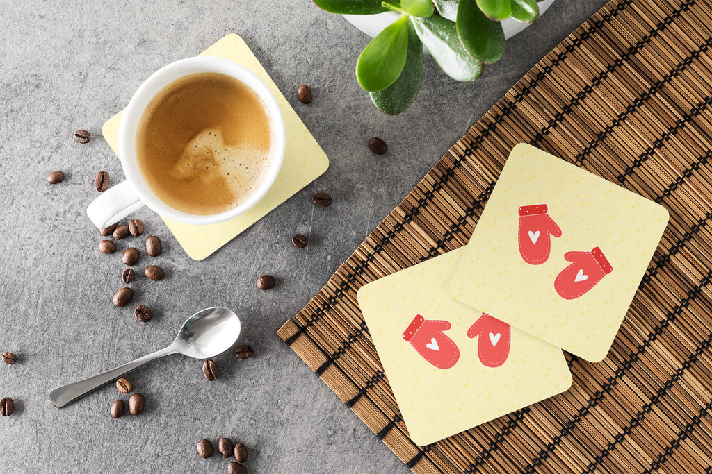 Oven Mitts on Yellow Foam Coasters Set of 4 Cup Coasters for Indoor Outdoor, Tabletop Protection, Anti Slip, Mouse pad Material