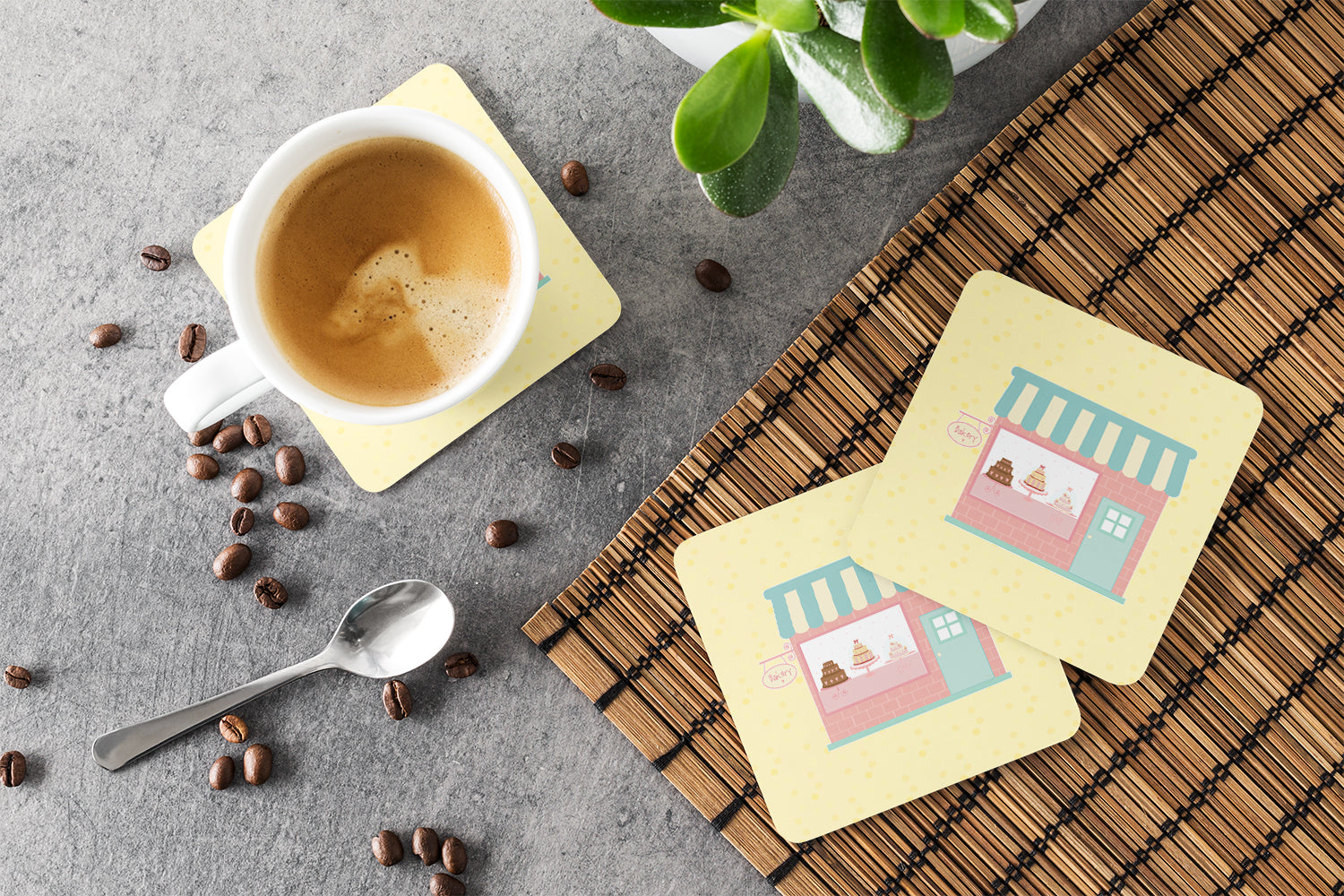 Bake Shoppe on Yellow Foam Coasters Set of 4 Cup Coasters for Indoor Outdoor, Tabletop Protection, Anti Slip, Mouse pad Material
