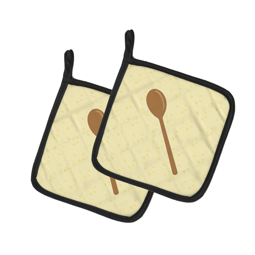 Wooden Spoon on Yellow Pot Holder Set of 2 Heat Resistant Quilted Hot Pads 7.5 x 7.5 Inch, Insulated Kitchen Trivets for Cooking & Baking