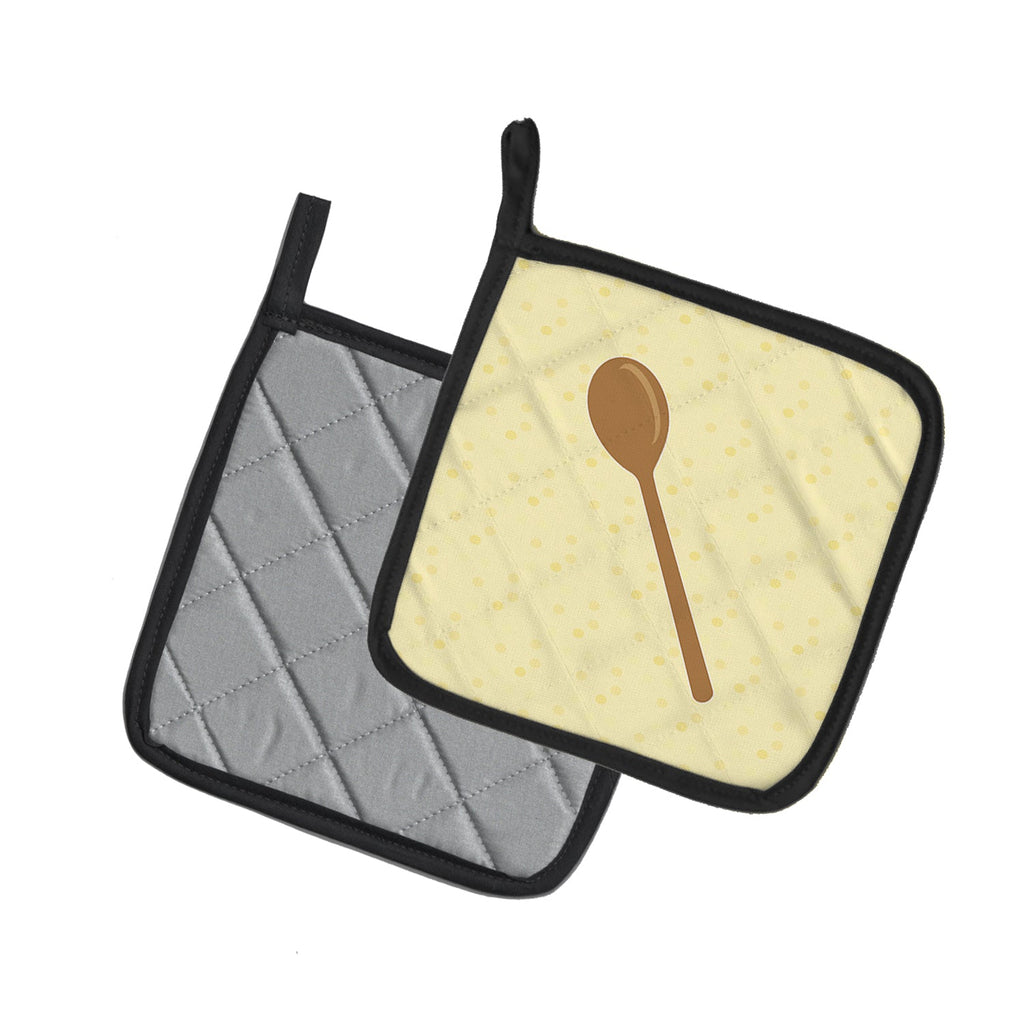Wooden Spoon on Yellow Pot Holder Set of 2 Heat Resistant Quilted Hot Pads 7.5 x 7.5 Inch, Insulated Kitchen Trivets for Cooking & Baking