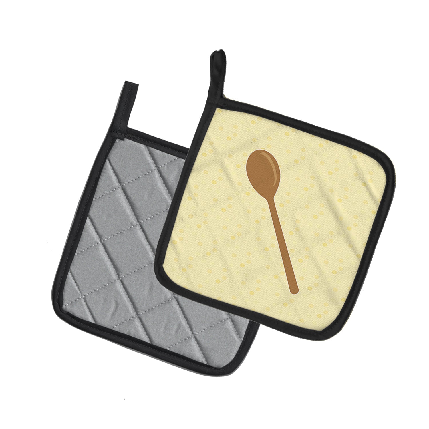 Wooden Spoon on Yellow Pot Holder Set of 2 Heat Resistant Quilted Hot Pads 7.5 x 7.5 Inch, Insulated Kitchen Trivets for Cooking & Baking