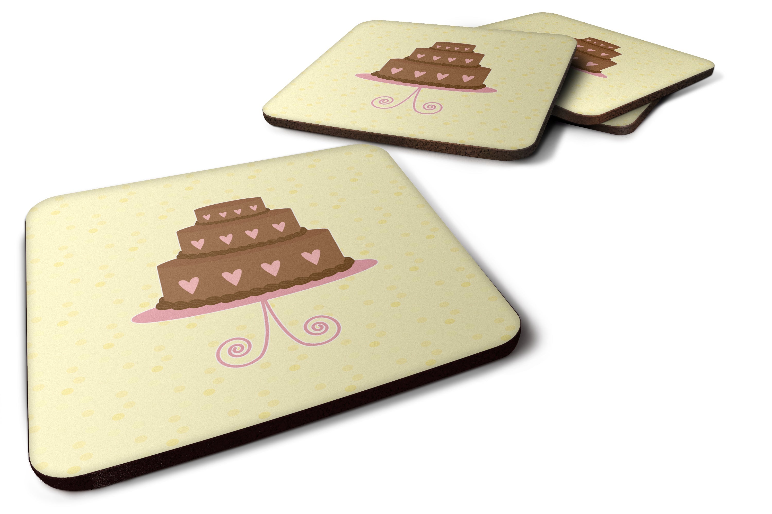 3 Tier Heart Chocolate Cake on Yellow Foam Coasters Set of 4 Cup Coasters for Indoor Outdoor, Tabletop Protection, Anti Slip, Mouse pad Material
