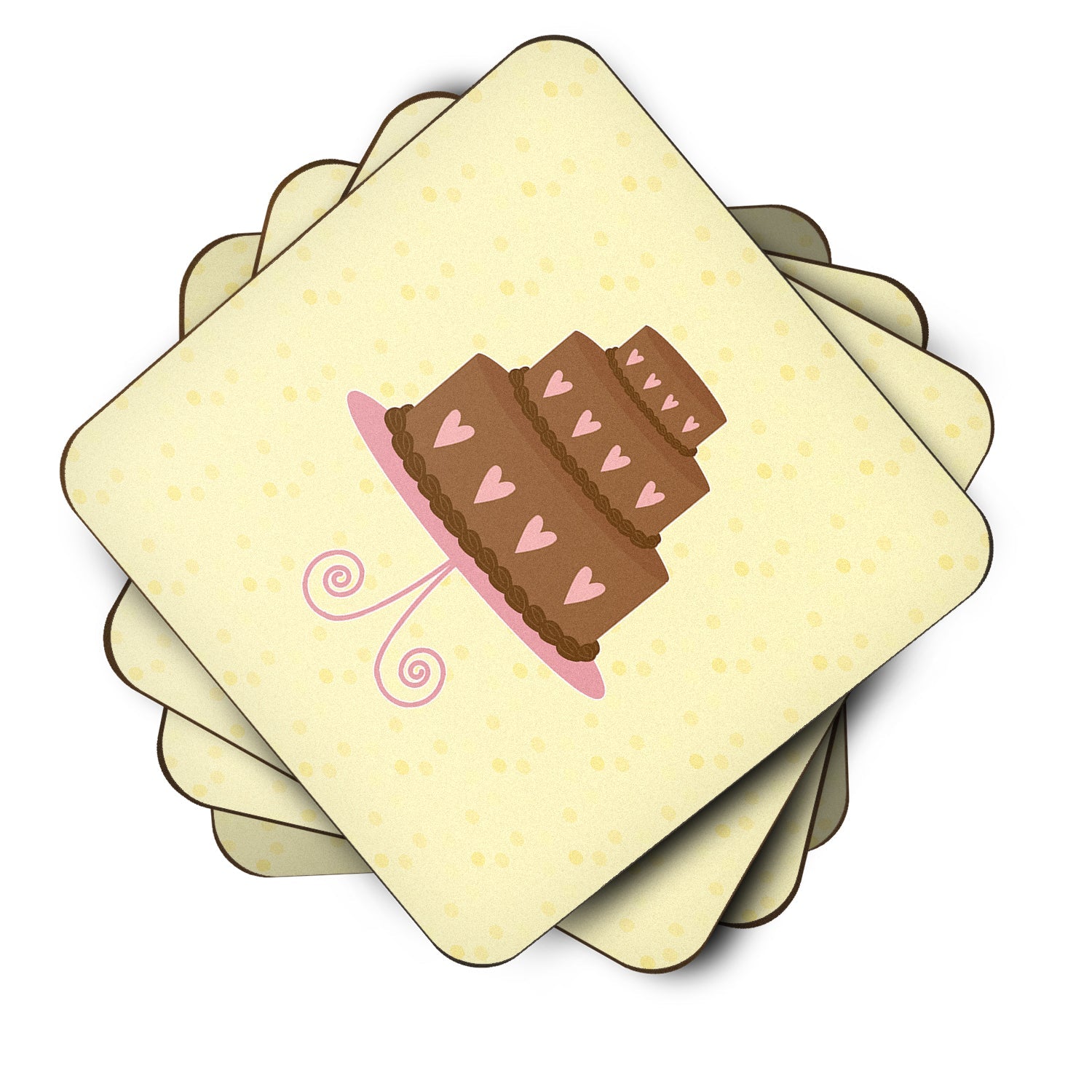 3 Tier Heart Chocolate Cake on Yellow Foam Coasters Set of 4 Cup Coasters for Indoor Outdoor, Tabletop Protection, Anti Slip, Mouse pad Material