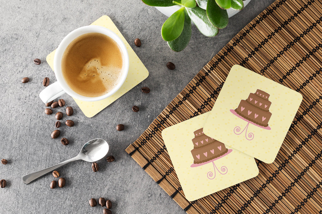 3 Tier Heart Chocolate Cake on Yellow Foam Coasters Set of 4 Cup Coasters for Indoor Outdoor, Tabletop Protection, Anti Slip, Mouse pad Material