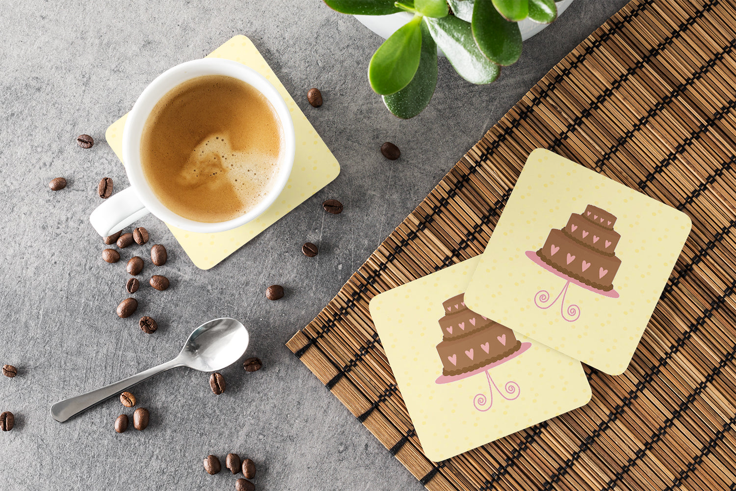 3 Tier Heart Chocolate Cake on Yellow Foam Coasters Set of 4 Cup Coasters for Indoor Outdoor, Tabletop Protection, Anti Slip, Mouse pad Material