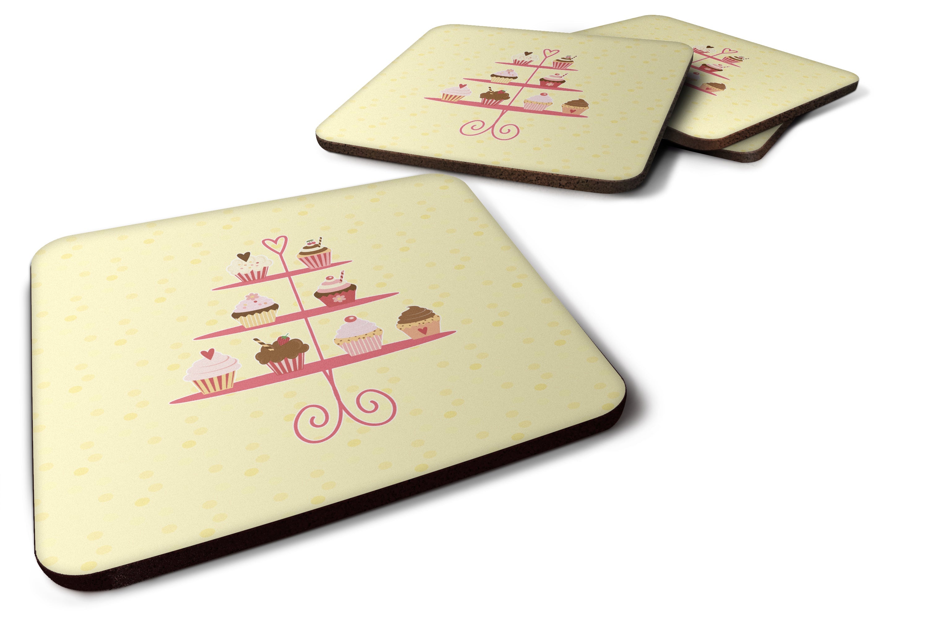 3 Tier Cupcakes on Yellow Foam Coasters Set of 4 Cup Coasters for Indoor Outdoor, Tabletop Protection, Anti Slip, Mouse pad Material