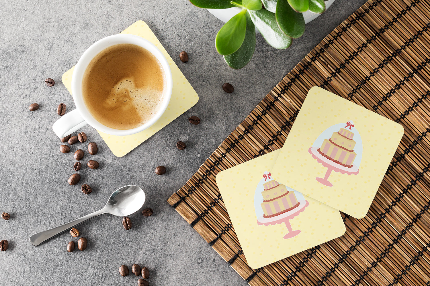 3 Tier Cake on Yellow Foam Coasters Set of 4 Cup Coasters for Indoor Outdoor, Tabletop Protection, Anti Slip, Mouse pad Material