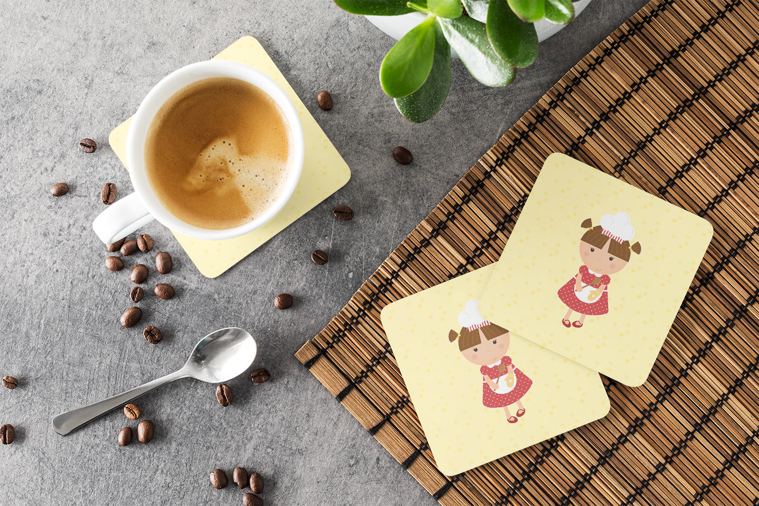 Brunette Baker on Yellow Foam Coasters Set of 4 Cup Coasters for Indoor Outdoor, Tabletop Protection, Anti Slip, Mouse pad Material