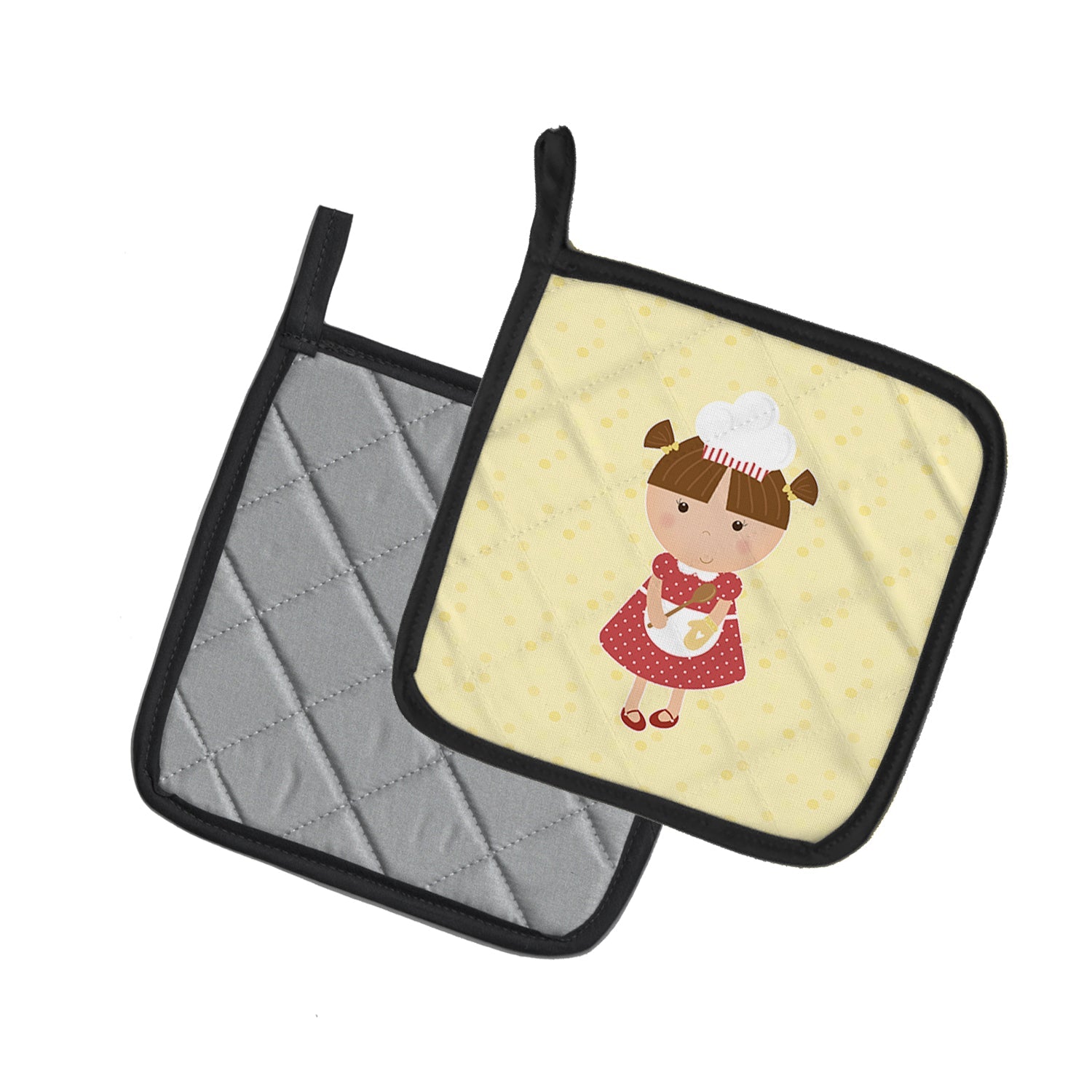 Brunette Baker on Yellow Pot Holder Set of 2 Heat Resistant Quilted Hot Pads 7.5 x 7.5 Inch, Insulated Kitchen Trivets for Cooking & Baking