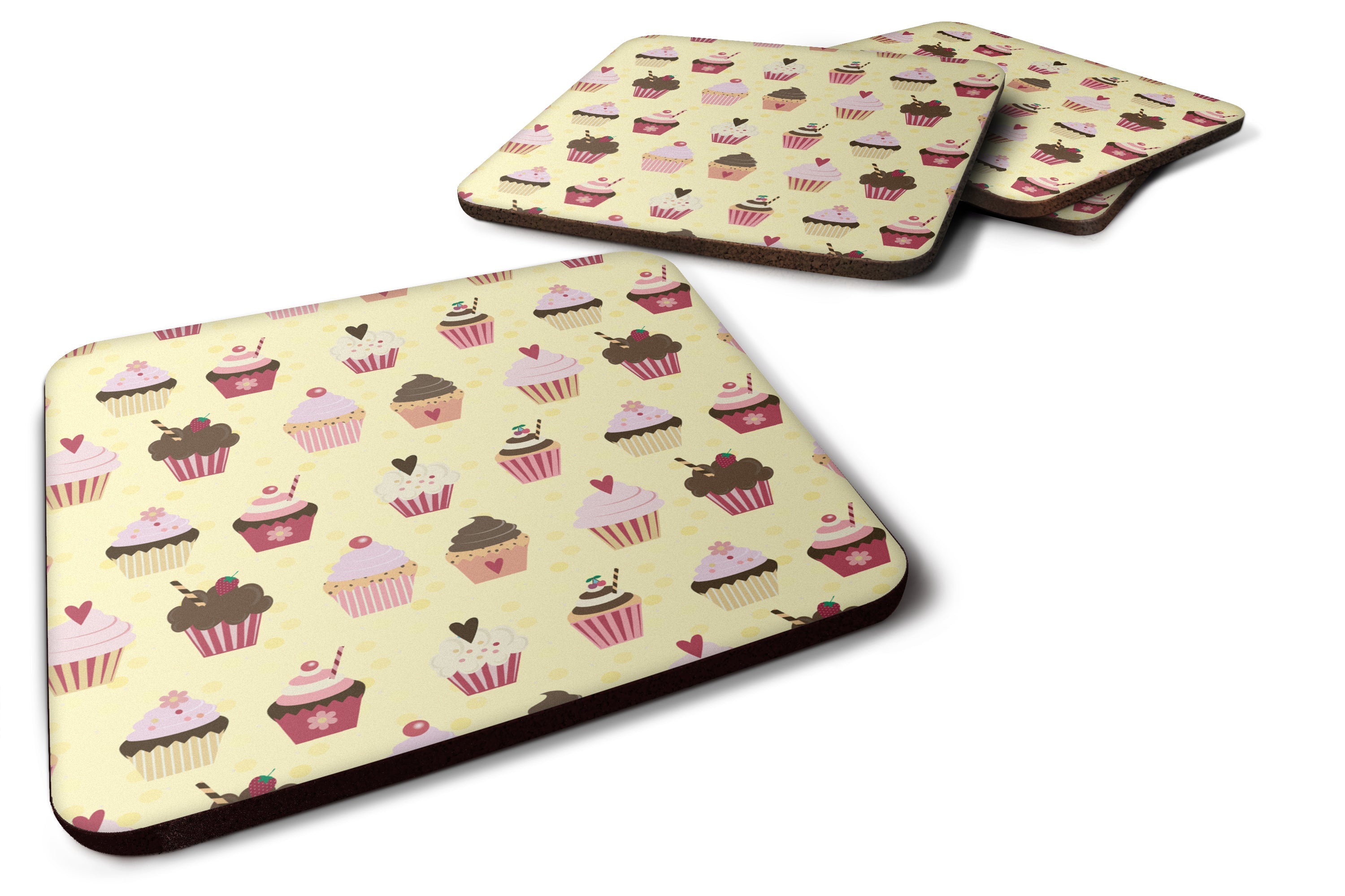 Cupcakes on Yellow Foam Coasters Set of 4 Cup Coasters for Indoor Outdoor, Tabletop Protection, Anti Slip, Mouse pad Material