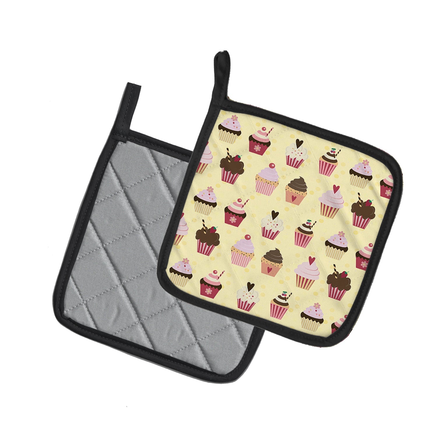 Cupcakes on Yellow Pot Holder Set of 2 Heat Resistant Quilted Hot Pads 7.5 x 7.5 Inch, Insulated Kitchen Trivets for Cooking & Baking