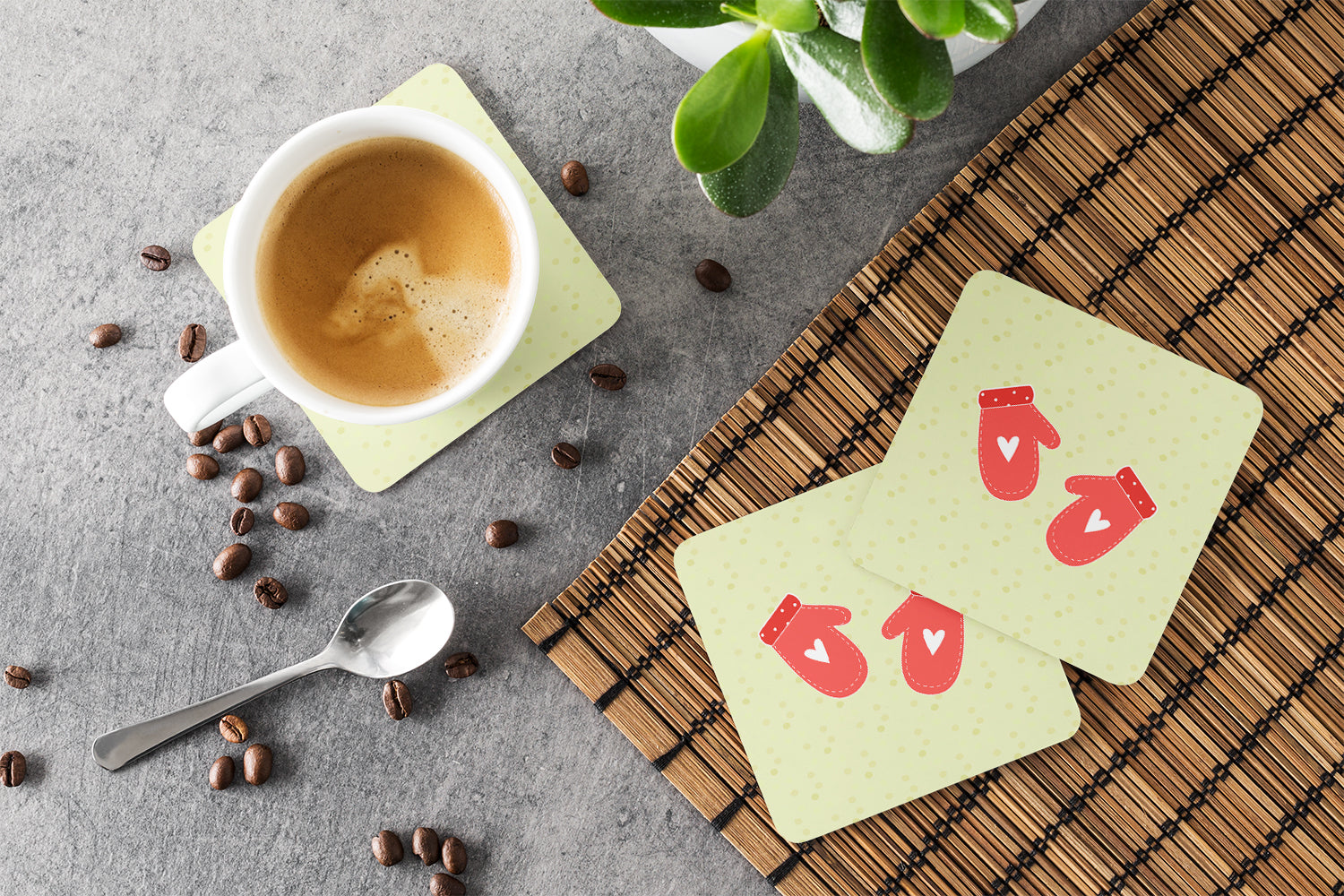 Oven Mitts on Green Foam Coasters Set of 4 Cup Coasters for Indoor Outdoor, Tabletop Protection, Anti Slip, Mouse pad Material