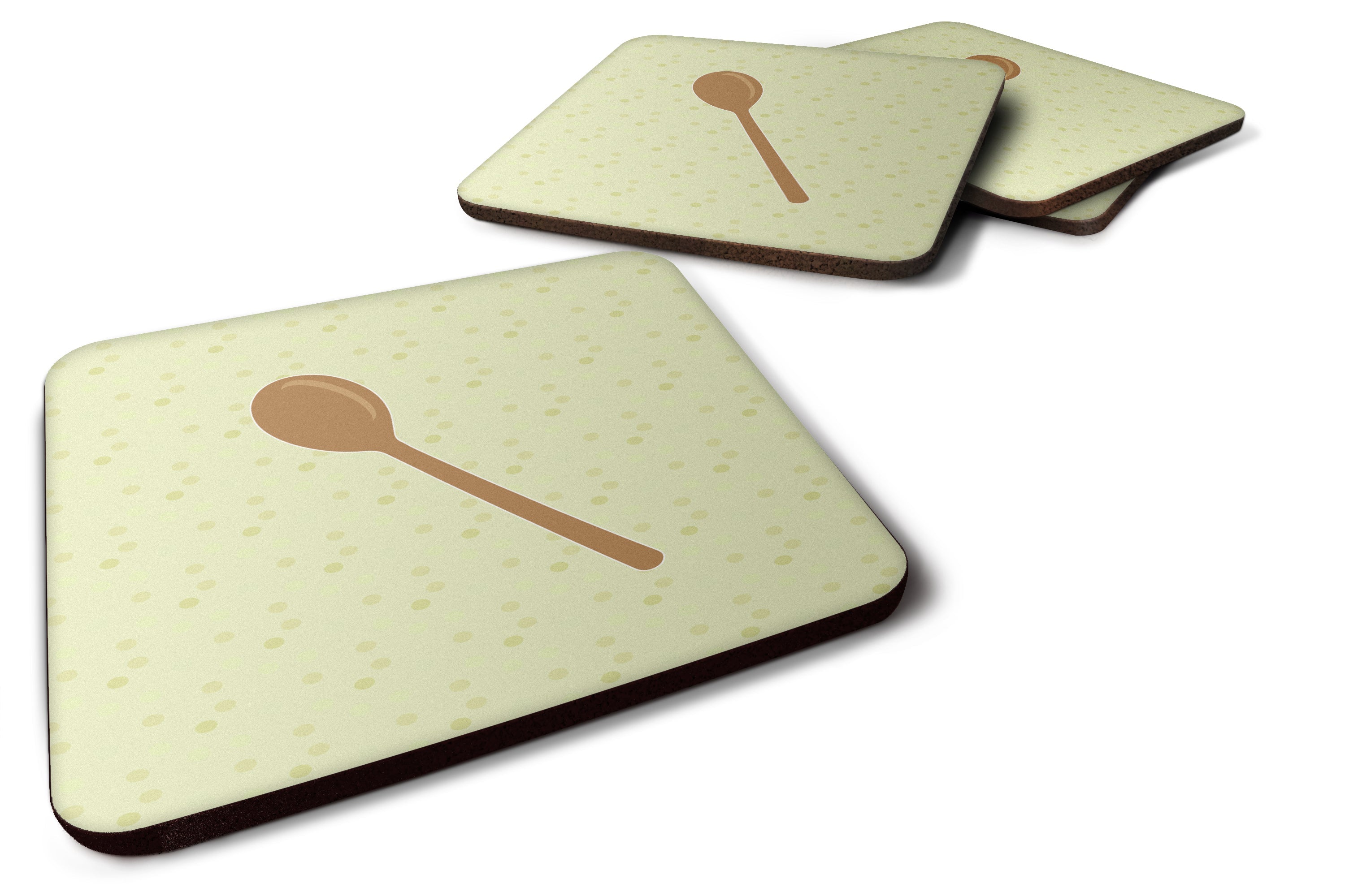 Wooden Spoon on Green Foam Coasters Set of 4 Cup Coasters for Indoor Outdoor, Tabletop Protection, Anti Slip, Mouse pad Material