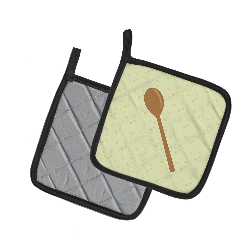 Wooden Spoon on Green Pot Holder Set of 2 Heat Resistant Quilted Hot Pads 7.5 x 7.5 Inch, Insulated Kitchen Trivets for Cooking & Baking