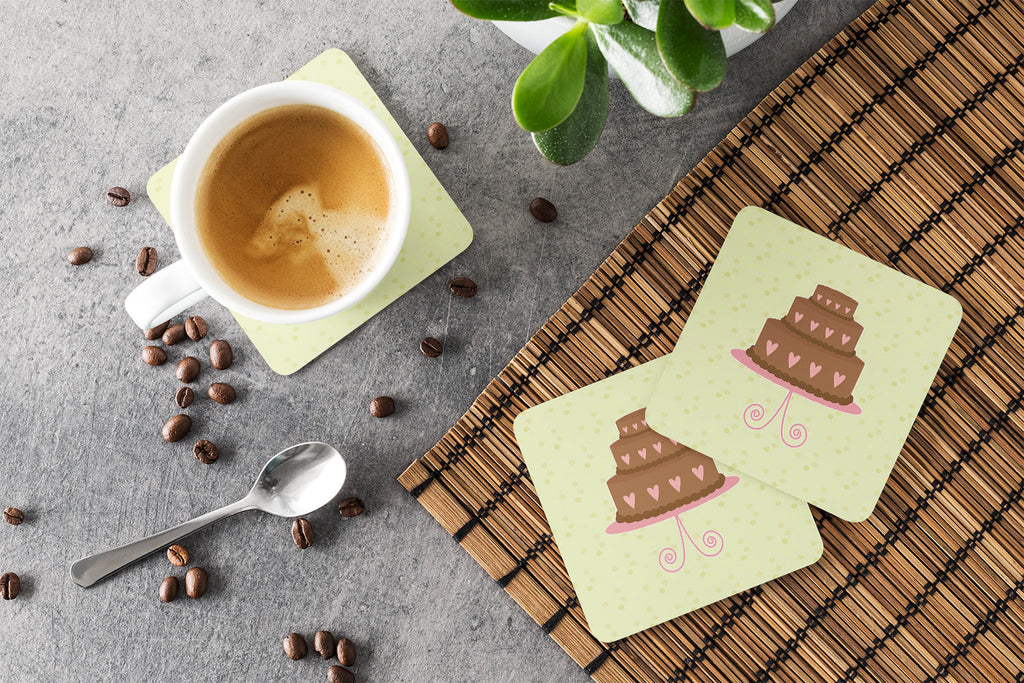 Heart Chocolate Cake on Green Foam Coasters Set of 4 Cup Coasters for Indoor Outdoor, Tabletop Protection, Anti Slip, Mouse pad Material
