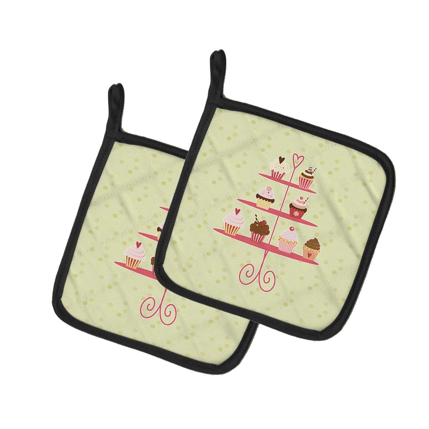 Cupcakes 3 Tier Stand on Green Pot Holder Set of 2 Heat Resistant Quilted Hot Pads 7.5 x 7.5 Inch, Insulated Kitchen Trivets for Cooking & Baking