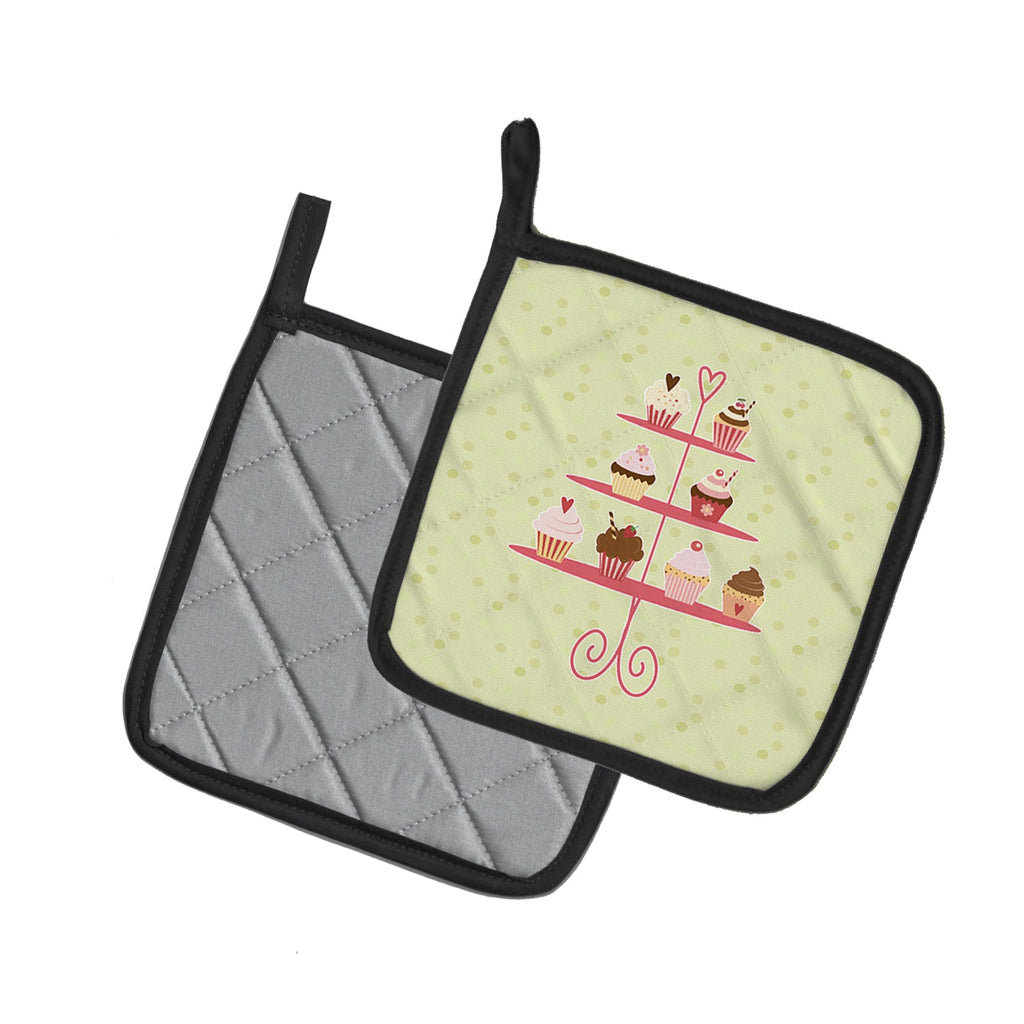 Cupcakes 3 Tier Stand on Green Pot Holder Set of 2 Heat Resistant Quilted Hot Pads 7.5 x 7.5 Inch, Insulated Kitchen Trivets for Cooking & Baking