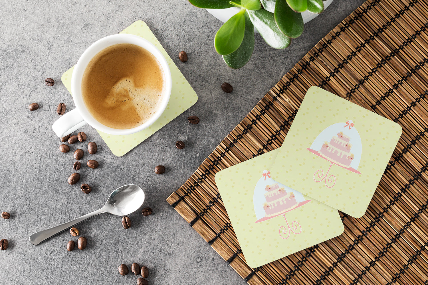Decorated Cake on Green Foam Coasters Set of 4 Cup Coasters for Indoor Outdoor, Tabletop Protection, Anti Slip, Mouse pad Material