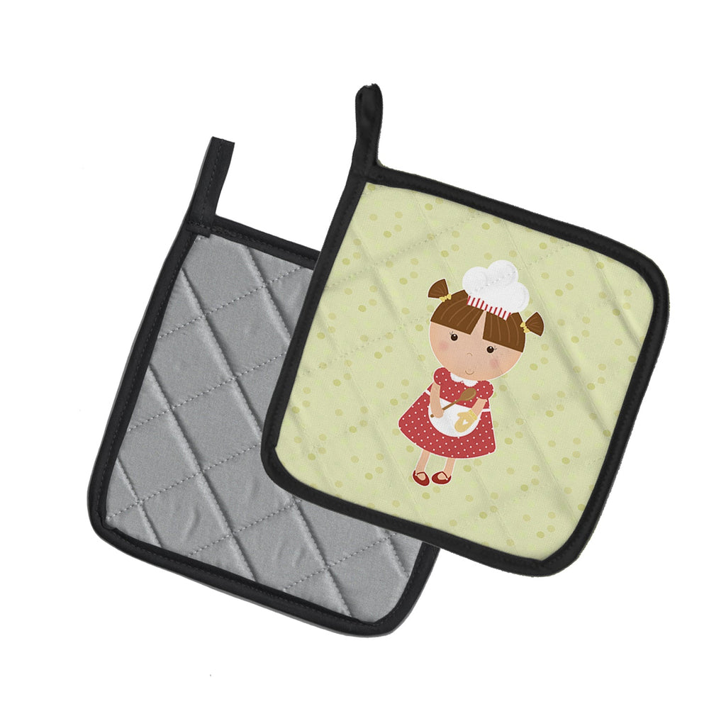 Brunette Baker on Green Pot Holder Set of 2 Heat Resistant Quilted Hot Pads 7.5 x 7.5 Inch, Insulated Kitchen Trivets for Cooking & Baking