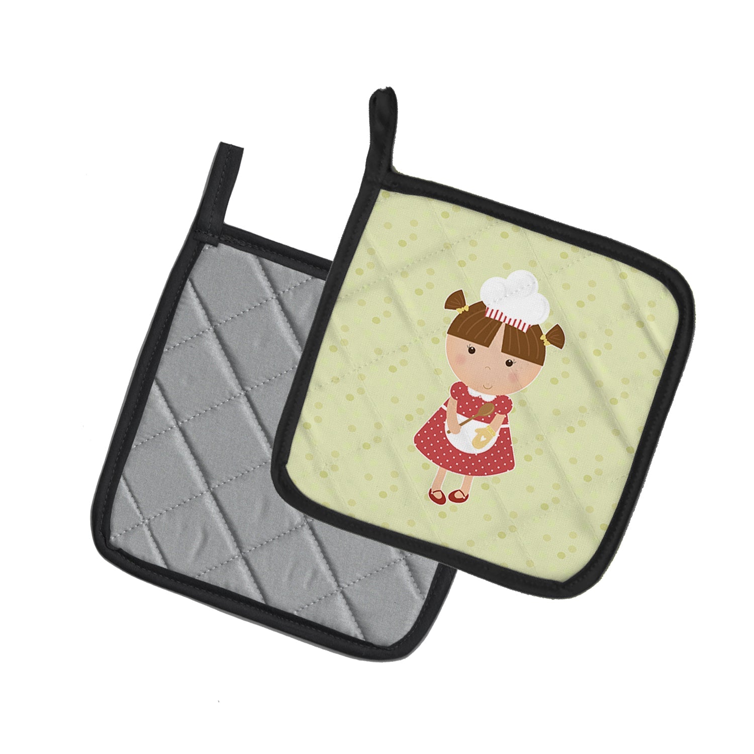 Brunette Baker on Green Pot Holder Set of 2 Heat Resistant Quilted Hot Pads 7.5 x 7.5 Inch, Insulated Kitchen Trivets for Cooking & Baking