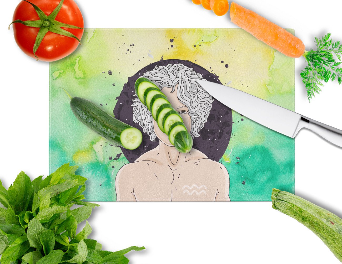 Aquarius Zodiac Sign Cutting Board Tempered Glass Kitchen Cutting Surface, Heat Resistant Chopping, Non-Slip Feet, Food Prep & Serving