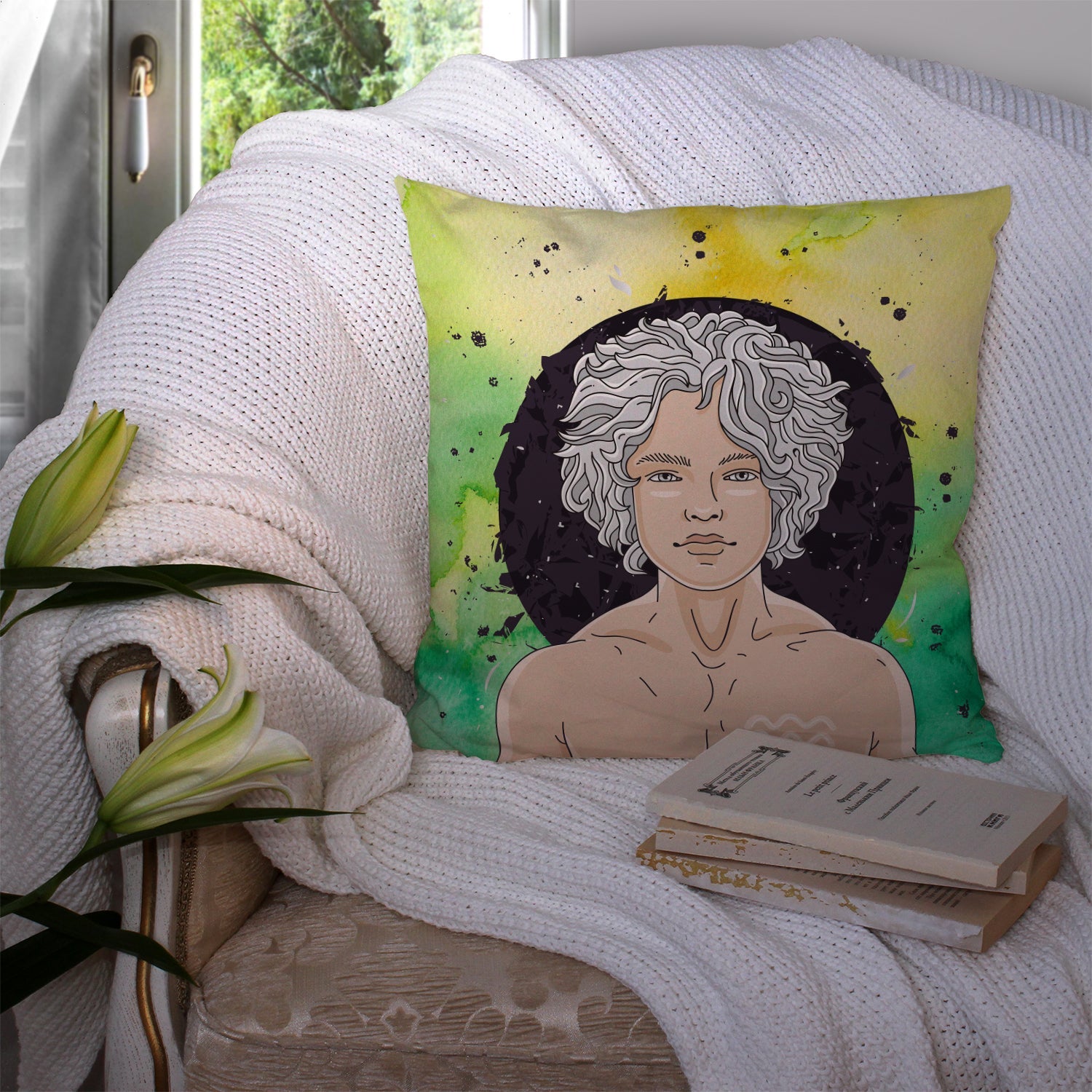 Aquarius Zodiac Sign Decorative Throw Pillow 14x14 Indoor Outdoor Accent Cushion, Fabric Cover with Insert for Sofa, Bed, Porch & Living Room