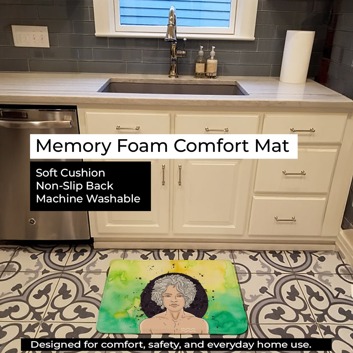 Aquarius Zodiac Sign Memory Foam Kitchen Mat Machine Washable Anti-Fatigue Cushion Comfort Bath or Kitchen Rug