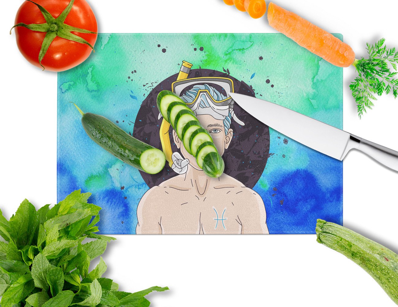 Pisces Zodiac Sign Cutting Board Tempered Glass Kitchen Cutting Surface, Heat Resistant Chopping, Non-Slip Feet, Food Prep & Serving