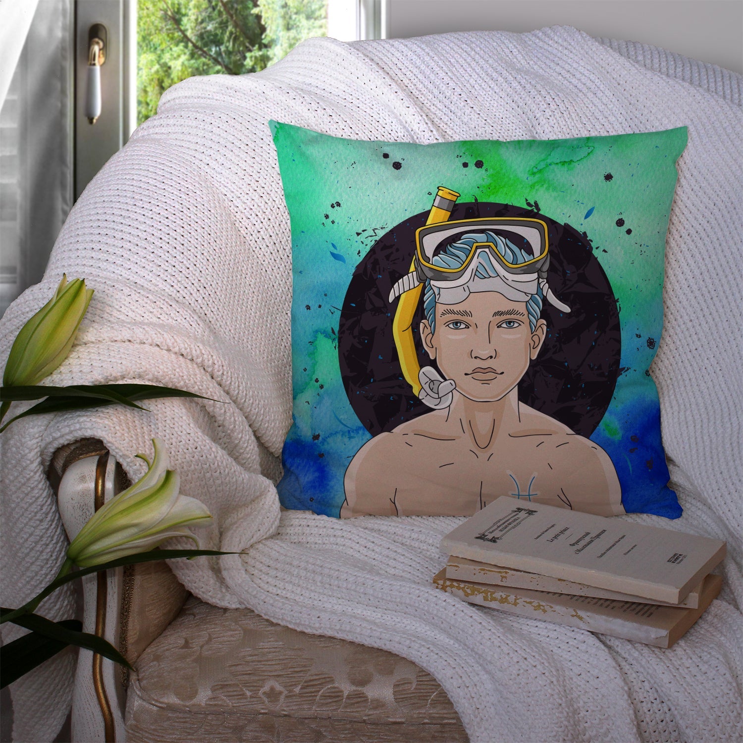 Pisces Zodiac Sign Decorative Throw Pillow 14x14 Indoor Outdoor Accent Cushion, Fabric Cover with Insert for Sofa, Bed, Porch & Living Room
