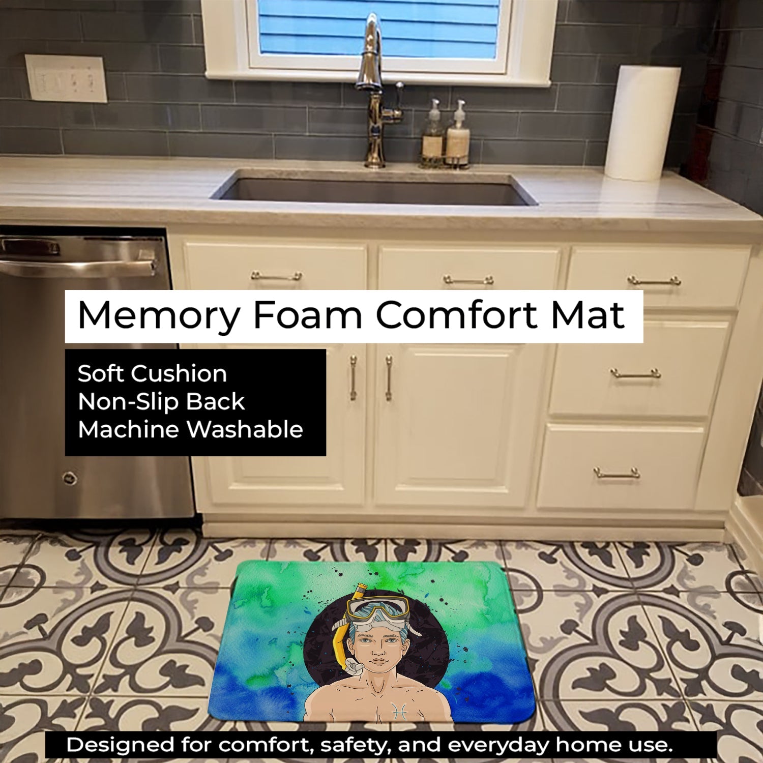 Pisces Zodiac Sign Memory Foam Kitchen Mat Machine Washable Anti-Fatigue Cushion Comfort Bath or Kitchen Rug