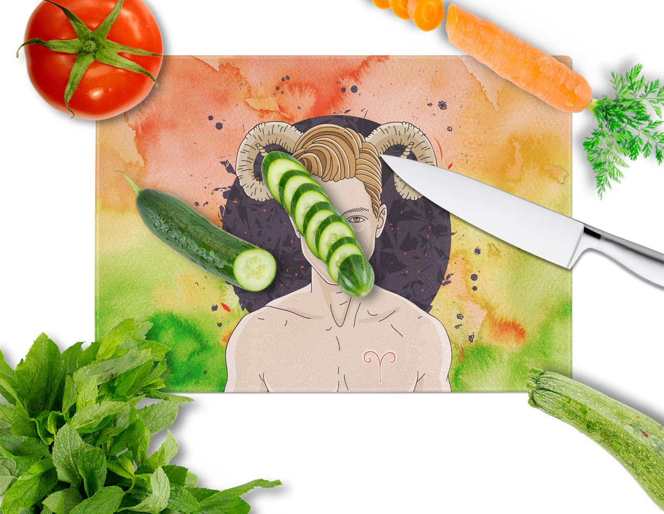 Aries Zodiac Sign Cutting Board Tempered Glass Kitchen Cutting Surface, Heat Resistant Chopping, Non-Slip Feet, Food Prep & Serving