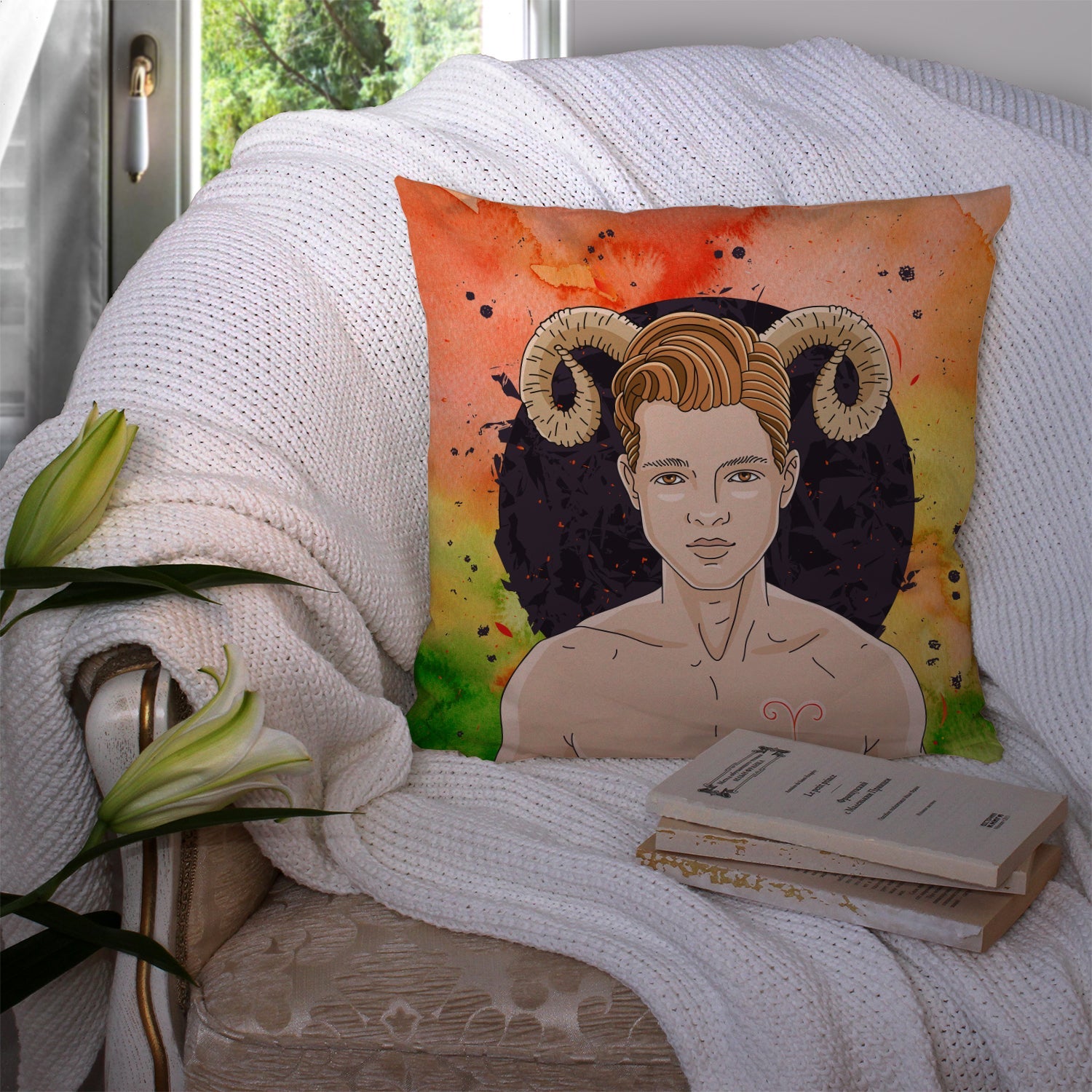 Aries Zodiac Sign Decorative Throw Pillow 14x14 Indoor Outdoor Accent Cushion, Fabric Cover with Insert for Sofa, Bed, Porch & Living Room