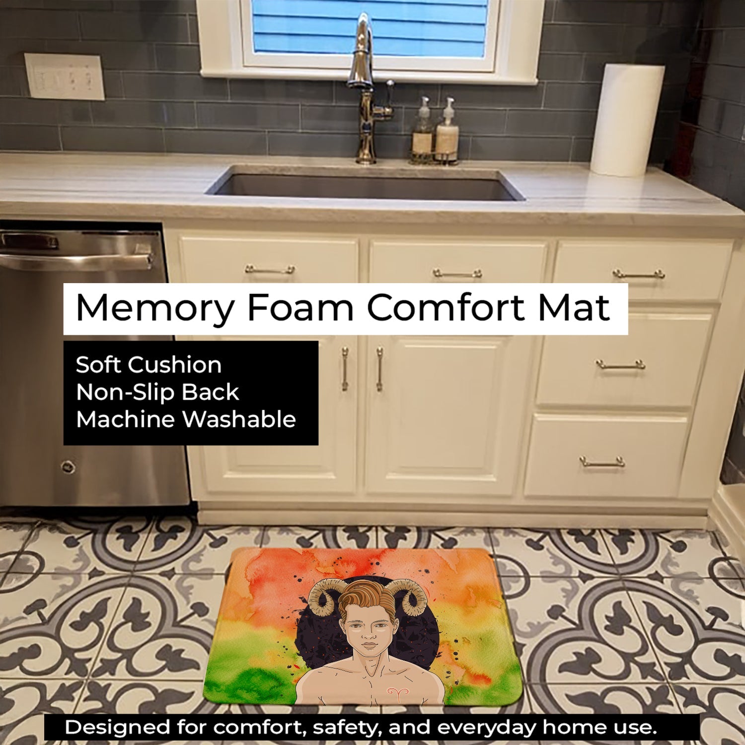 Aries Zodiac Sign Memory Foam Kitchen Mat Machine Washable Anti-Fatigue Cushion Comfort Bath or Kitchen Rug