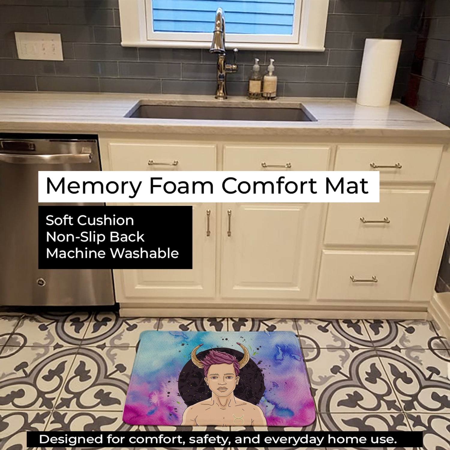 Taurus Zodiac Sign Memory Foam Kitchen Mat Machine Washable Anti-Fatigue Cushion Comfort Bath or Kitchen Rug