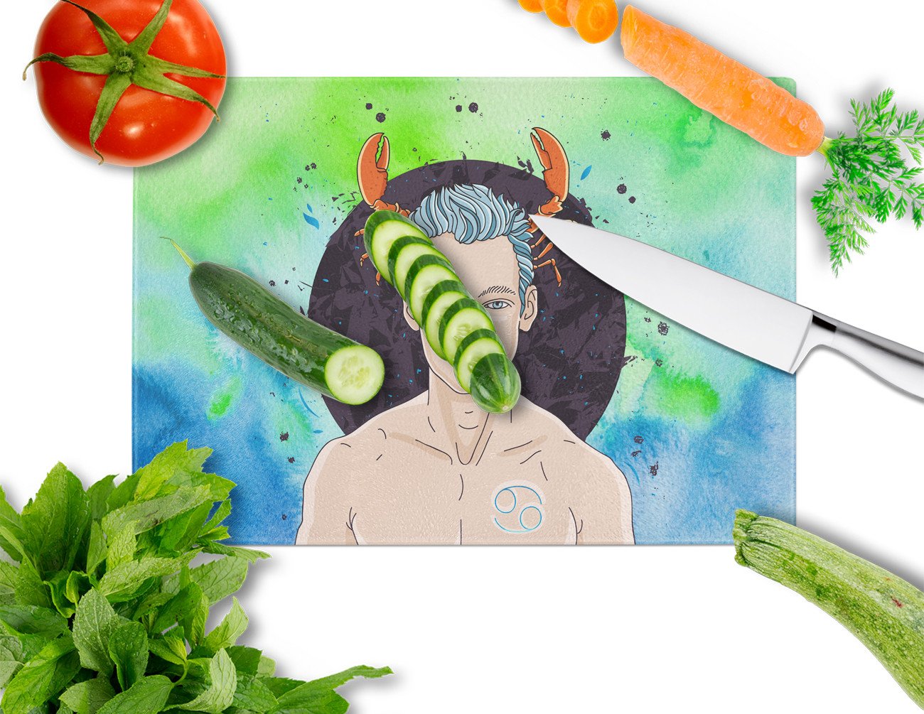 Cancer Zodiac Sign Cutting Board Tempered Glass Kitchen Cutting Surface, Heat Resistant Chopping, Non-Slip Feet, Food Prep & Serving
